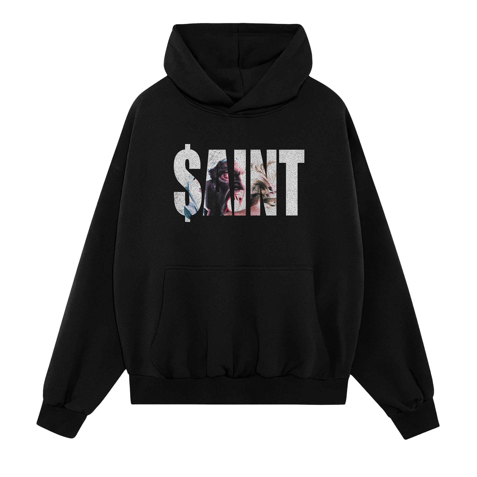 Black hoodie with 'SAINT' graphic design on a white background, 綺jakelaurent, jakelaurent merch