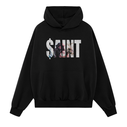 Black hoodie with 'SAINT' graphic design on a white background, 綺jakelaurent, jakelaurent merch