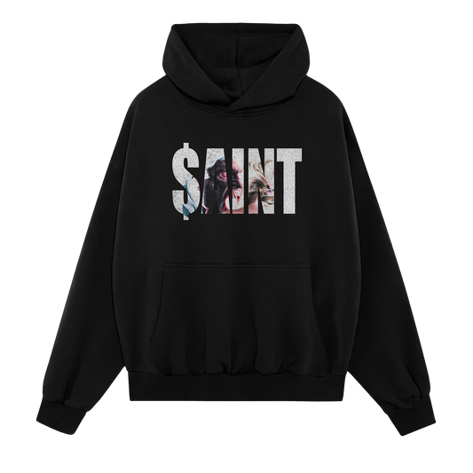 Black hoodie with 'SAINT' graphic design on a white background, 綺jakelaurent, jakelaurent merch